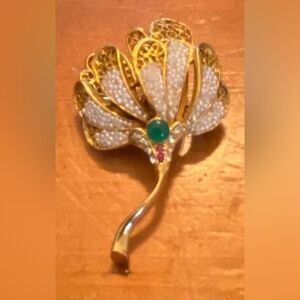 Gold Tone Flower Brooch Pin Beaded Petals Green Cabochon 2”